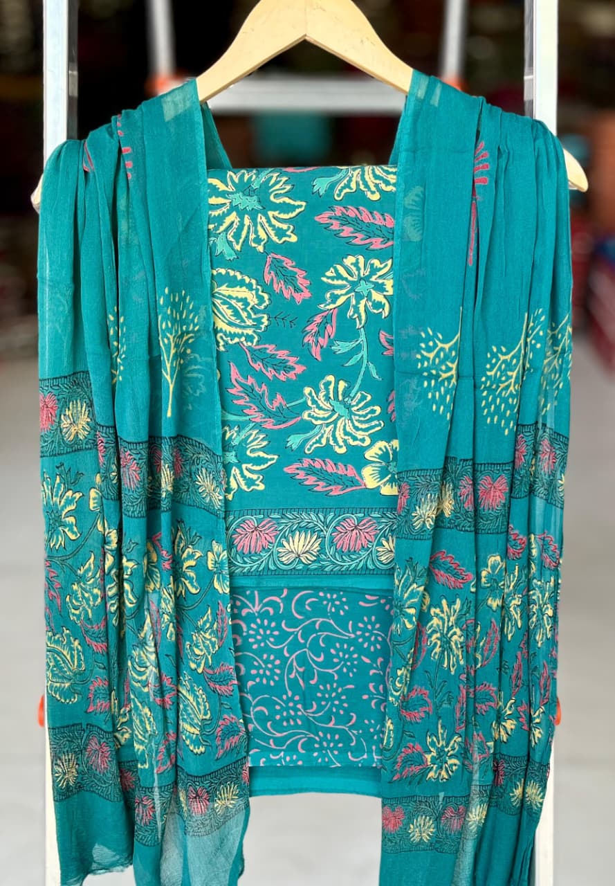 Pure Cotton Hand Block Printed Suit Set With Chiffon Dupatta