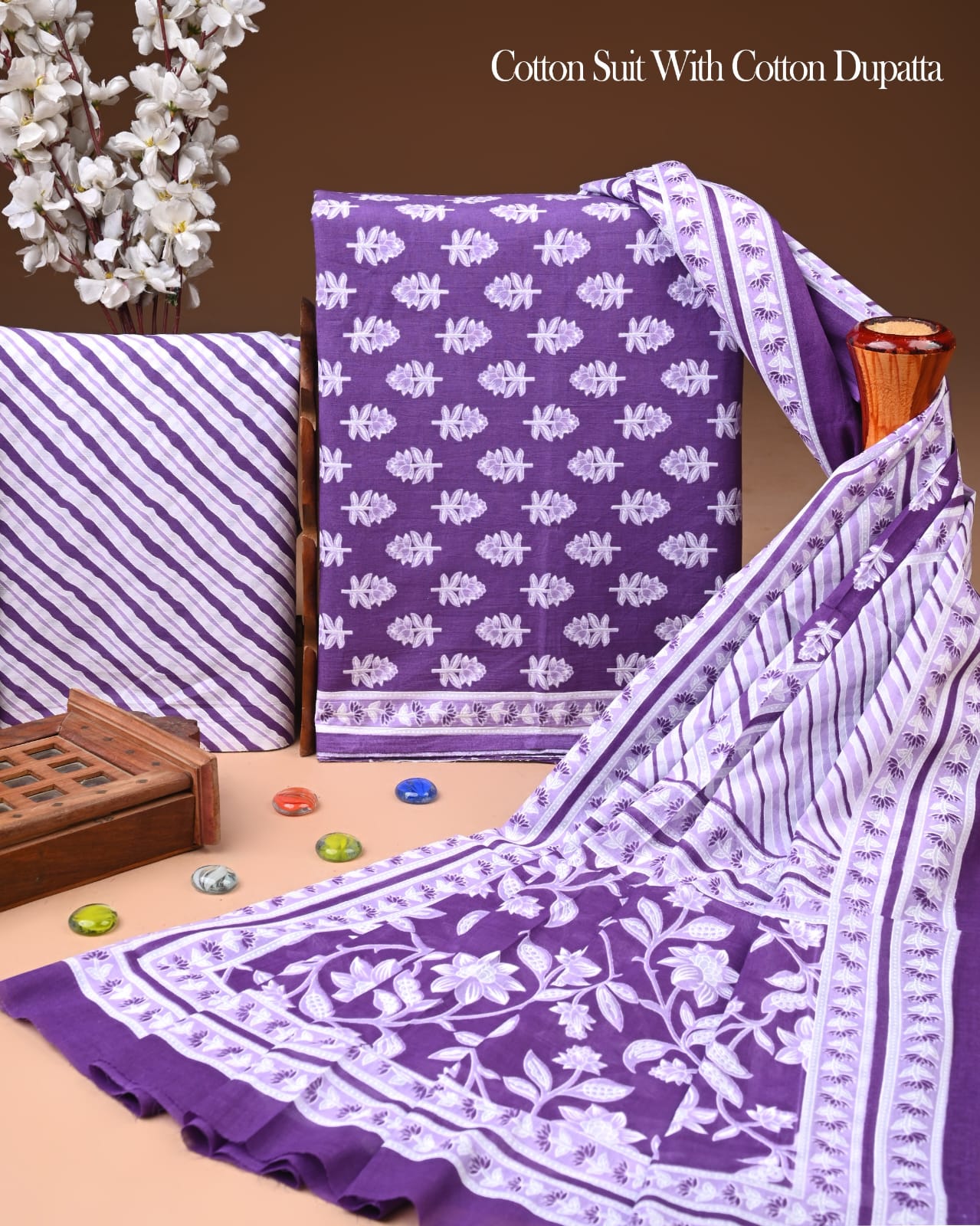 Designer Hand Block Printed Cotton Suit Set With Cotton Dupatta