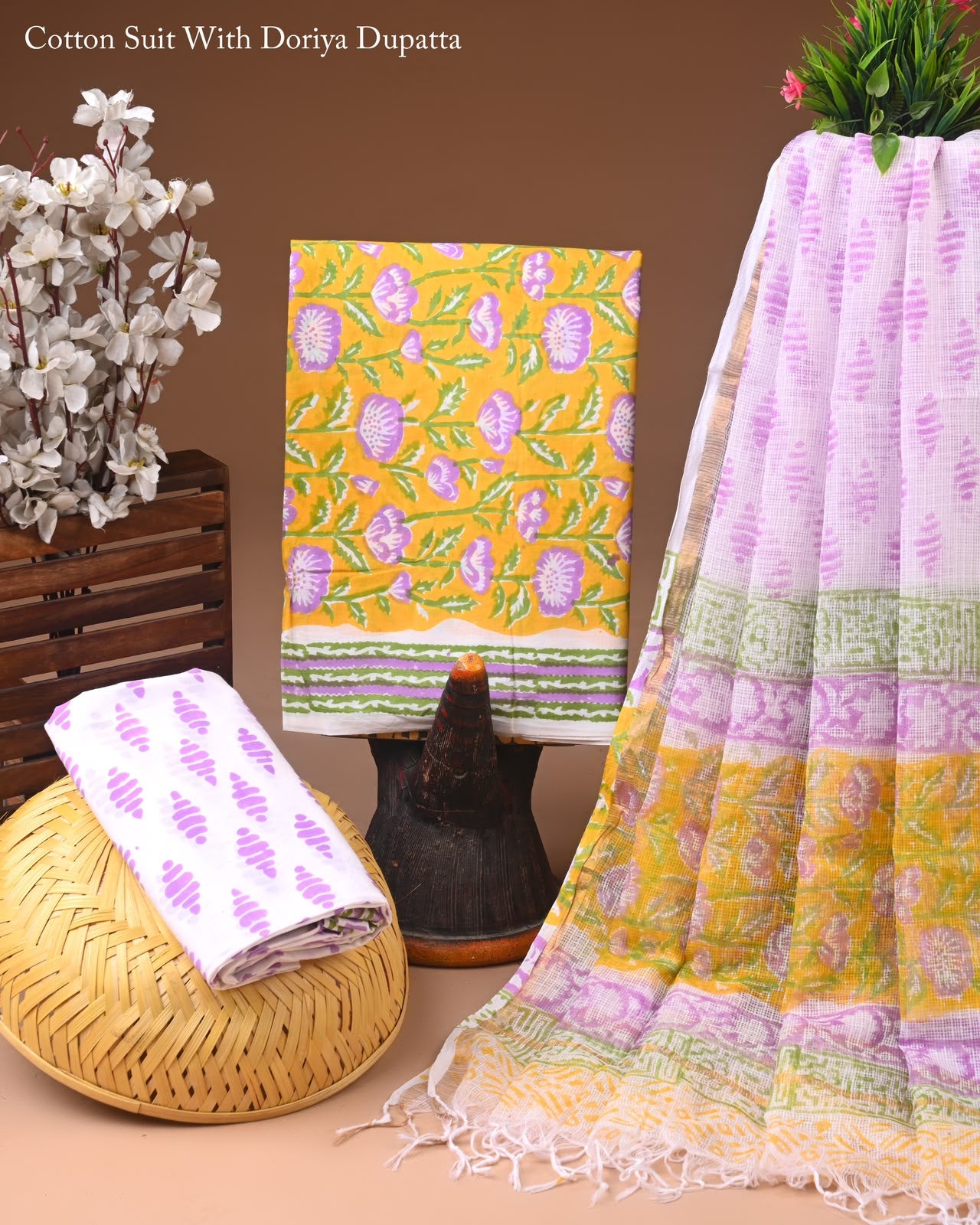 Pure Cotton Hand Block Printed Suit Set With Kota Doria Dupatta