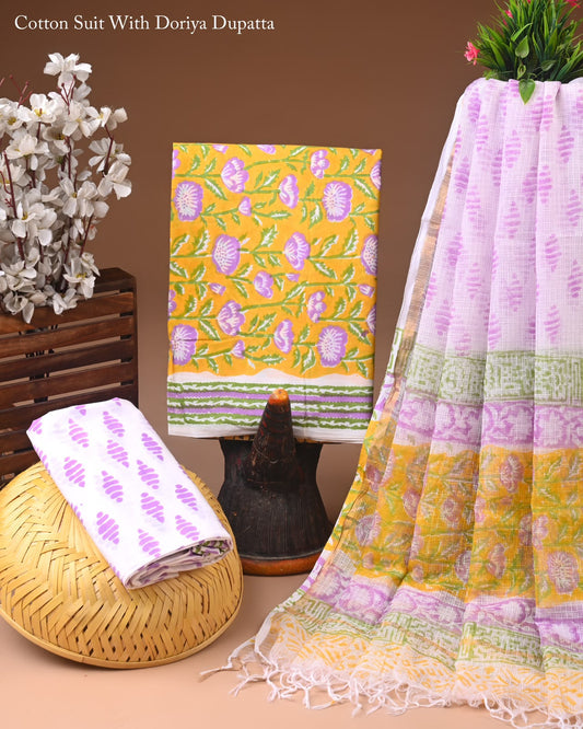 Pure Cotton Hand Block Printed Suit Set With Kota Doria Dupatta