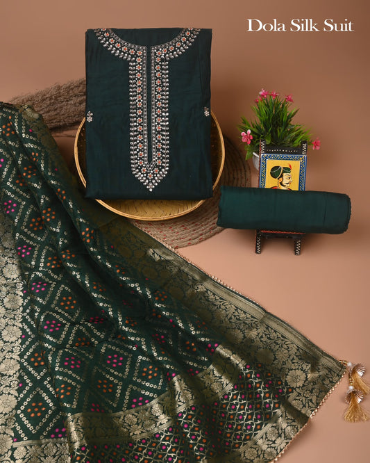 Premium Heavy Neck Work Dola Silk Suit Set