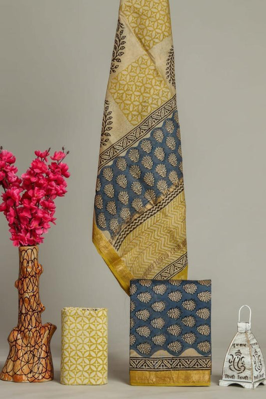 Designer Handblock Printed Maheshwari Silk Suit Set
