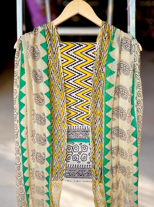Pure Soft Cotton Hand Block Printed Suit Set With Chiffon Dupatta