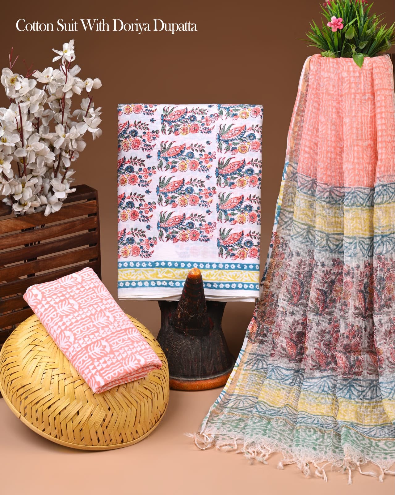 Pure Cotton Hand Block Printed Suit Set With Kota Doria Dupatta