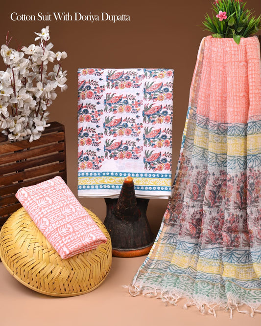 Pure Cotton Hand Block Printed Suit Set With Kota Doria Dupatta