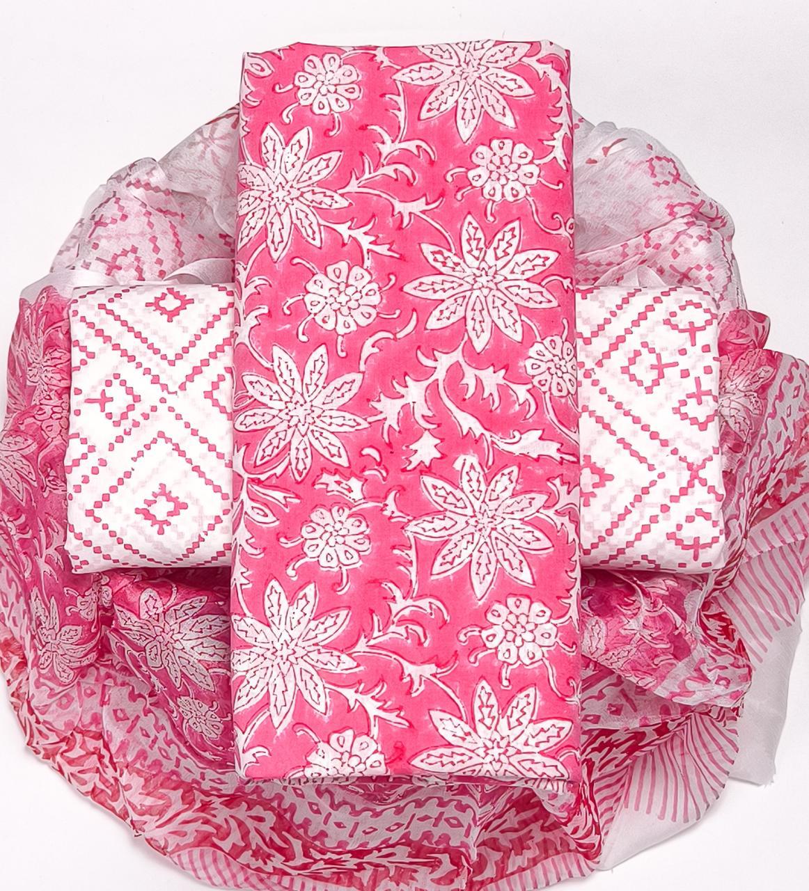 Pure Cotton Hand Block Printed Suit Set With Chiffon Dupatta