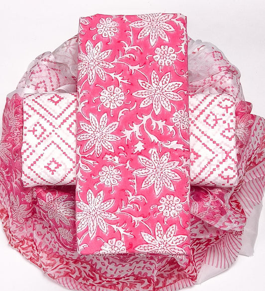 Pure Cotton Hand Block Printed Suit Set With Chiffon Dupatta