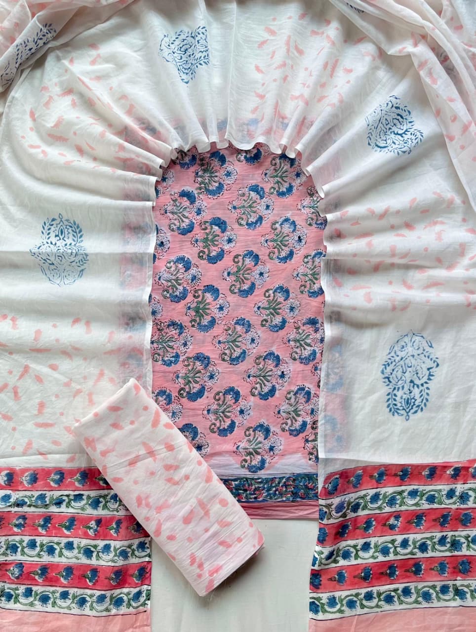 Pure Soft Cotton Hand Block Printed Suit Set With Cotton Dupatta