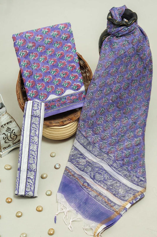 Pure Cotton Hand Block Printed Suit Set With Kota Doria Dupatta