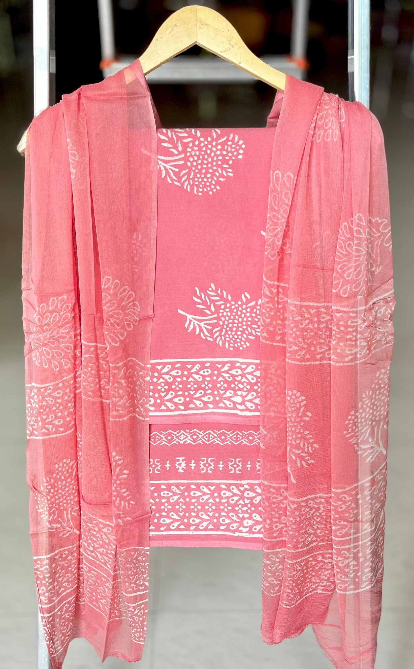 Pure Soft Cotton Hand Block Printed Suit Set With Chiffon Dupatta