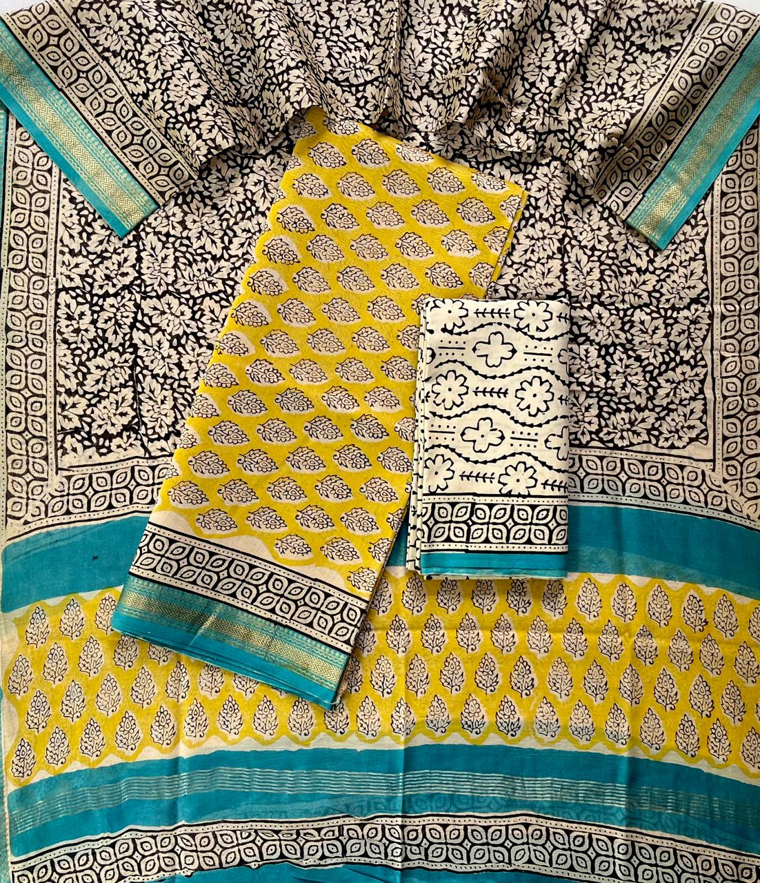 Premium Designer Handblock Printed Maheshwari Silk Suit Set