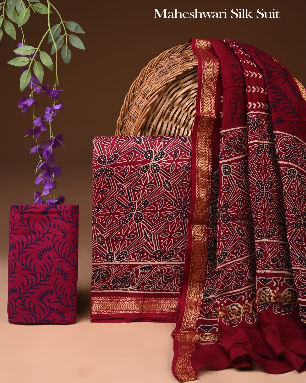 Premium Designer Handblock Printed Maheshwari Silk Suit Set