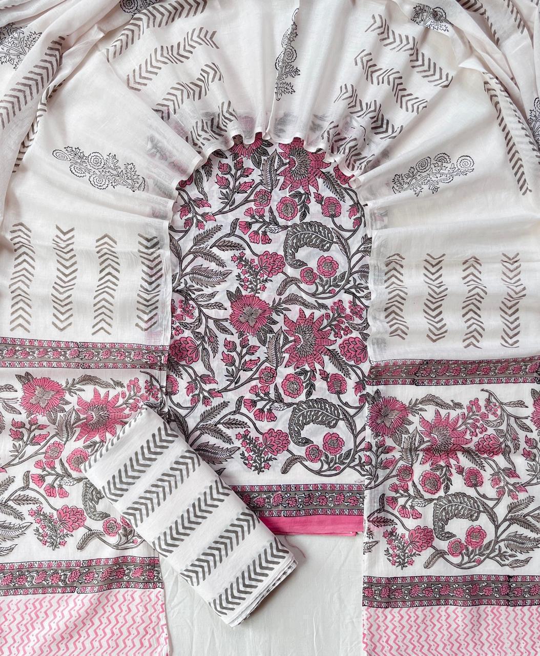 Pure Soft Cotton Hand Block Printed Suit Set With Cotton Dupatta