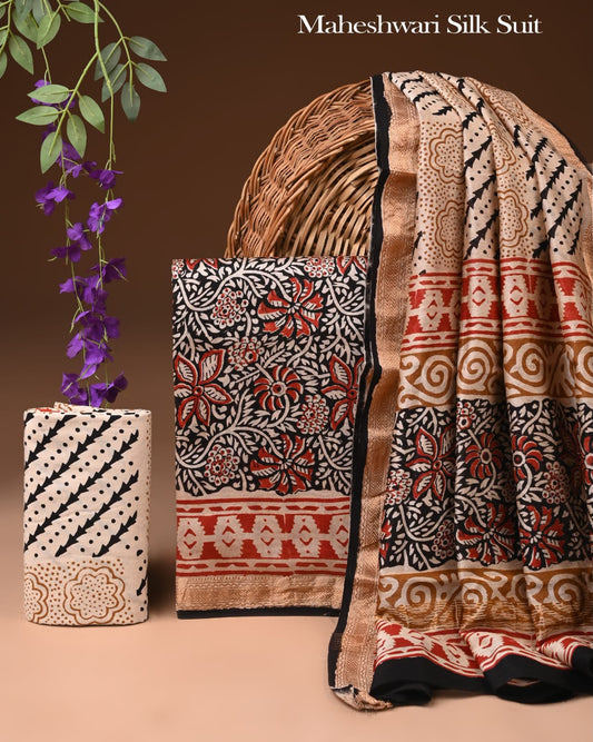 Premium Designer Handblock Printed Maheshwari Silk Suit Set