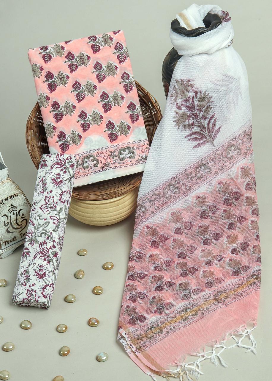 Pure Cotton Hand Block Printed Suit Set With Kota Doria Dupatta