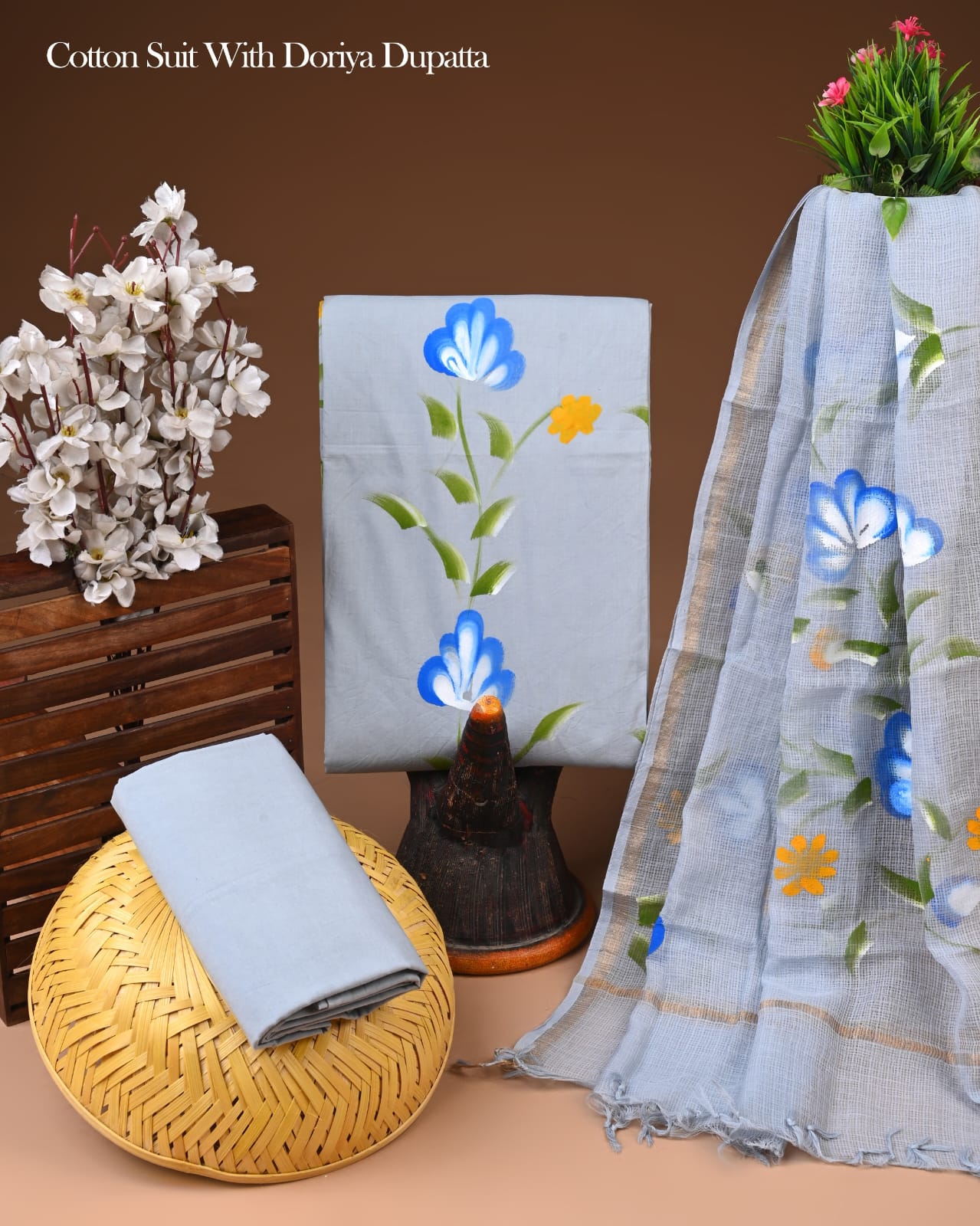 Pure Cotton Hand Block Printed Suit Set With Kota Doria Dupatta