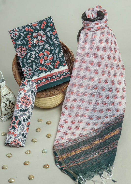 Pure Cotton Hand Block Printed Suit Set With Kota Doria Dupatta