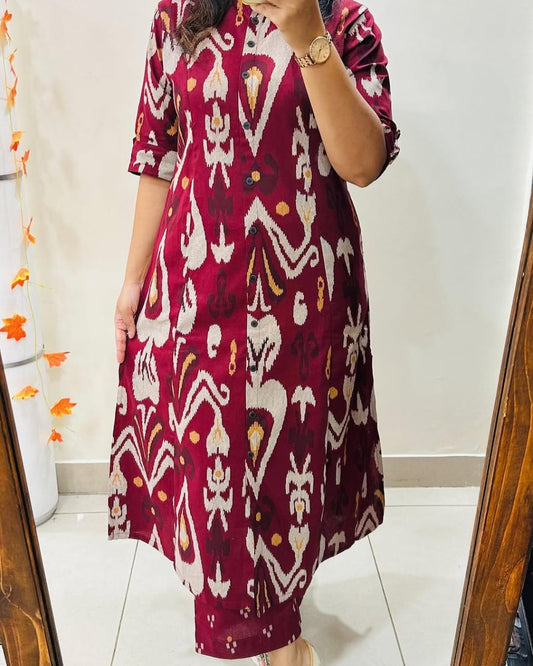 Premium Floral Fine Cotton Printed A-Line Pattern Kurti-Palazzo Set