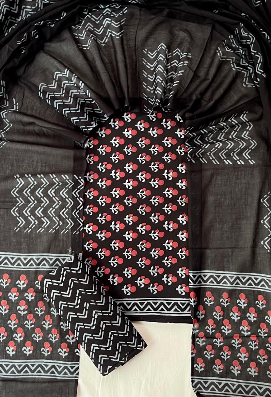 Pure Soft Cotton Hand Block Printed Suit Set With Cotton Dupatta