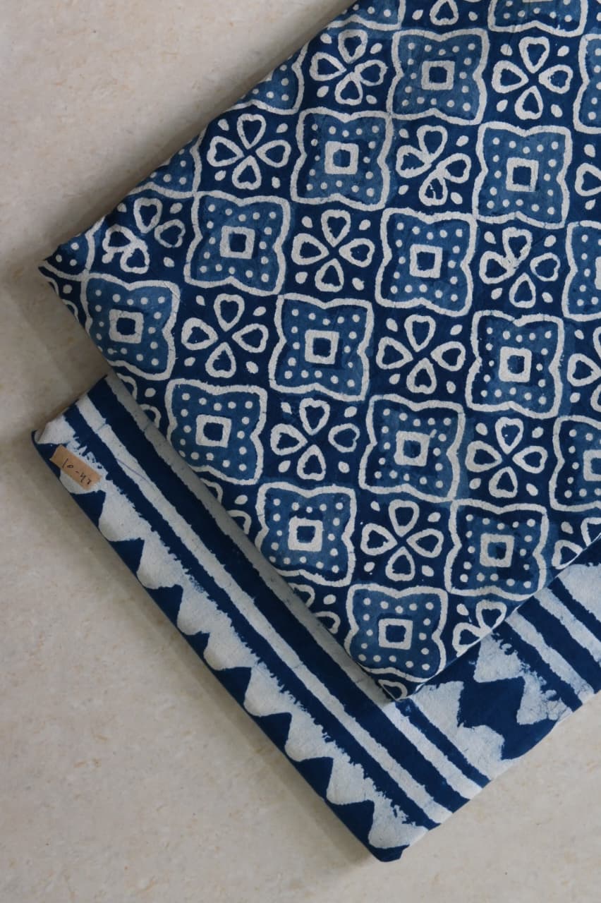 Pure Soft Indigo Cotton Handblock Printed 2PC Top-Bottom Suit Set (2.50 Meter Each)