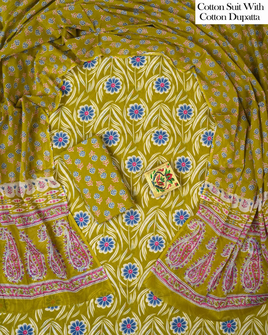 Designer Hand Block Printed Cotton Suit Set With Cotton Dupatta