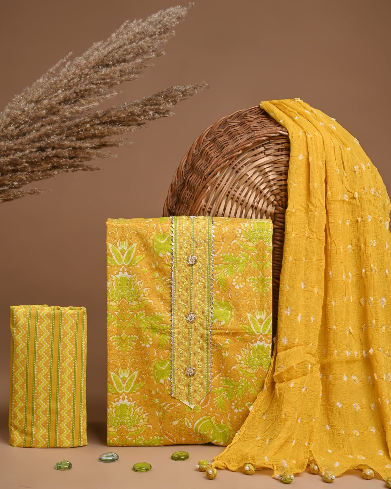Premium Gota Patti Work Cotton Suit Set With Chiffon Dupatta