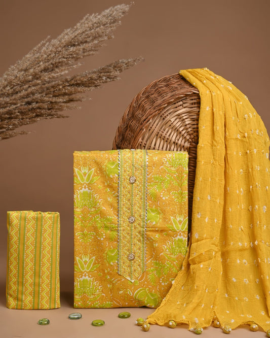 Premium Gota Patti Work Cotton Suit Set With Chiffon Dupatta