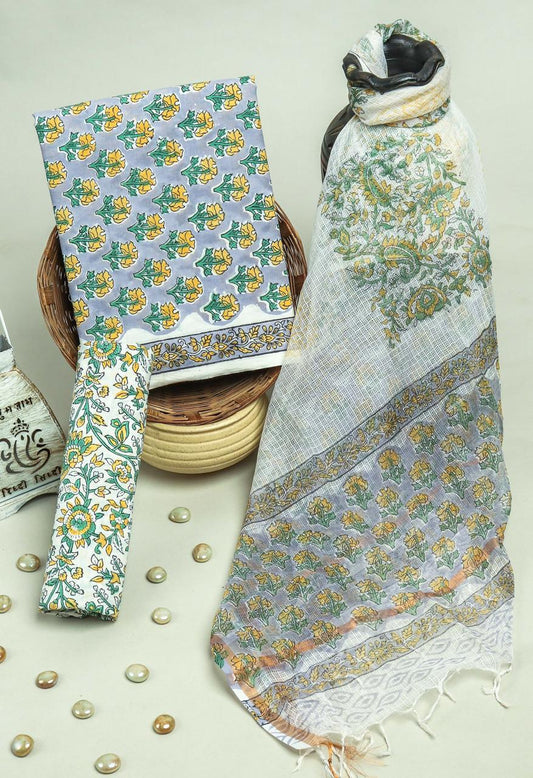 Pure Cotton Hand Block Printed Suit Set With Kota Doria Dupatta