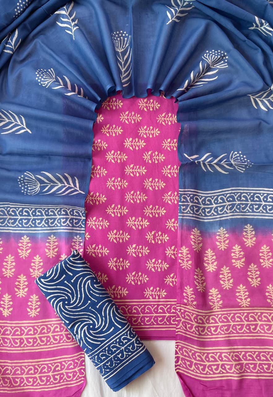 Pure Soft Cotton Hand Block Printed Suit Set With Cotton Dupatta