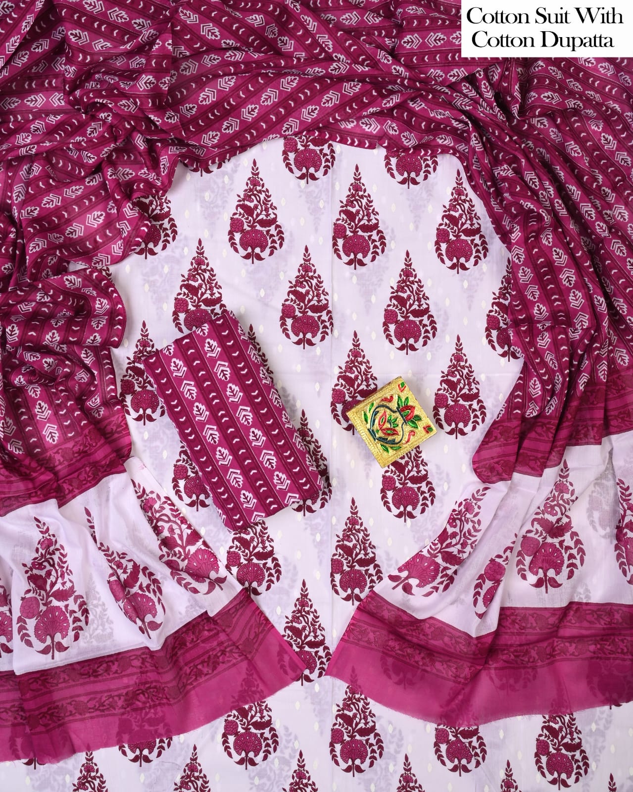 Designer Hand Block Printed Cotton Suit Set With Cotton Dupatta
