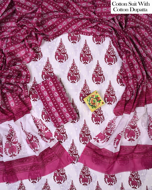 Designer Hand Block Printed Cotton Suit Set With Cotton Dupatta