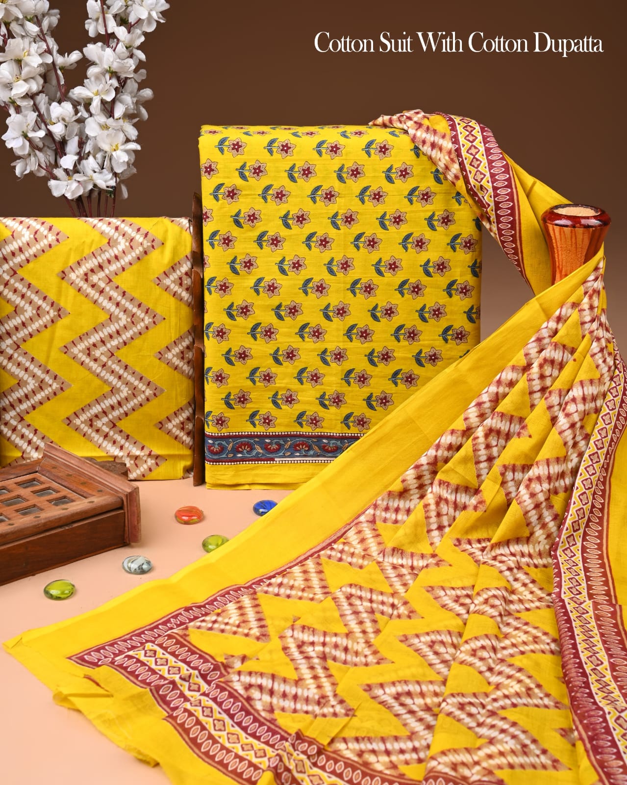 Designer Hand Block Printed Cotton Suit Set With Cotton Dupatta