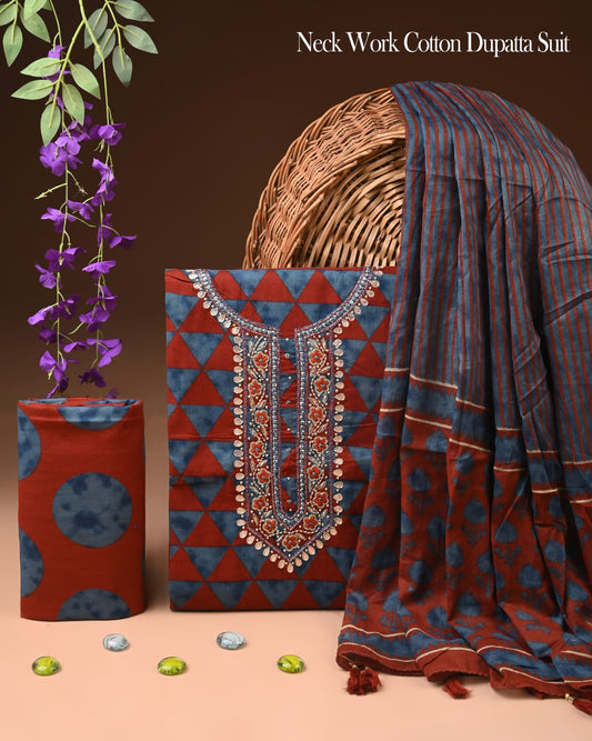 Premium Gota Patti Work Cotton Suit Set With Chiffon Dupatta