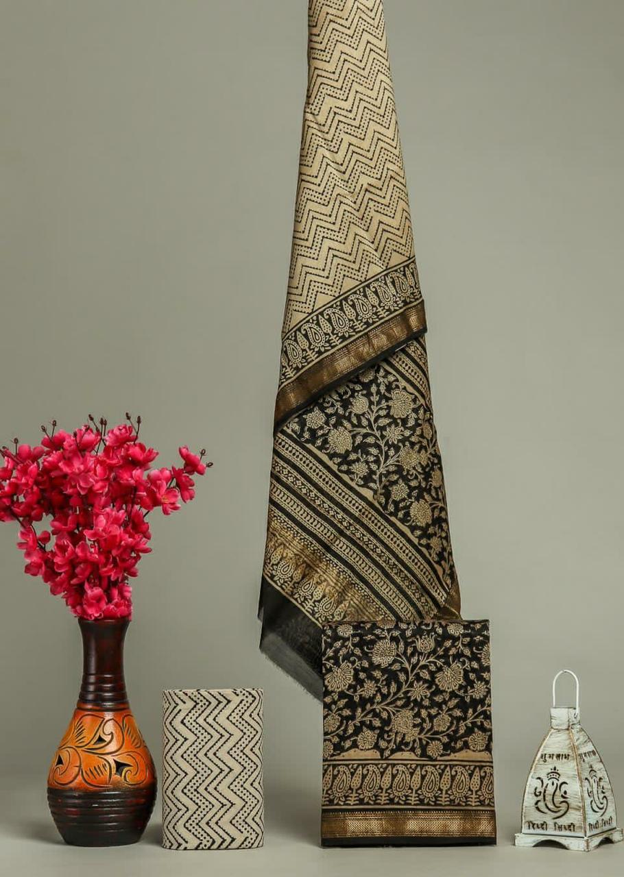 Premium Designer Handblock Printed Maheshwari Silk Suit Set