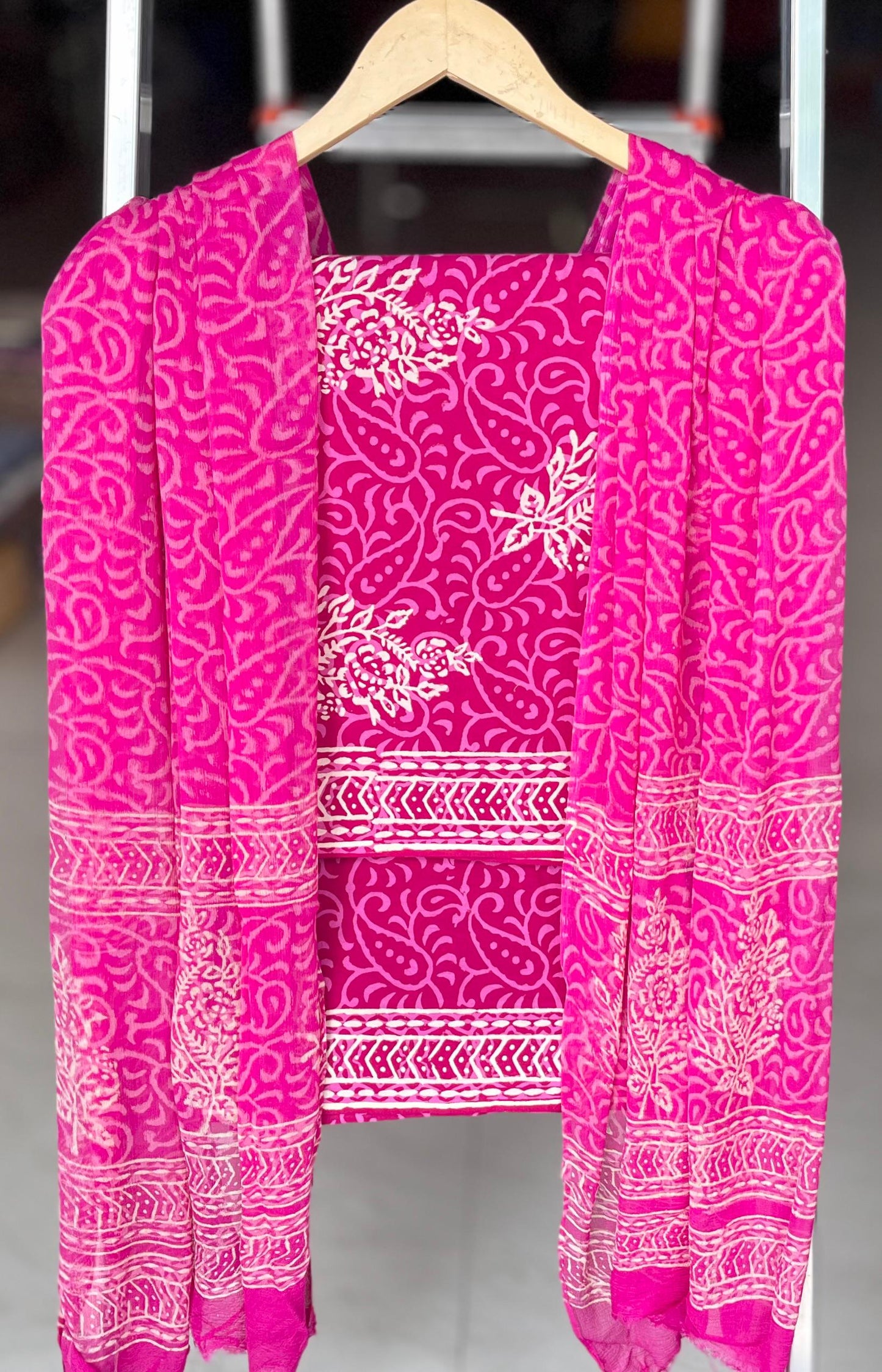 Pure Cotton Hand Block Printed Suit Set With Chiffon Dupatta