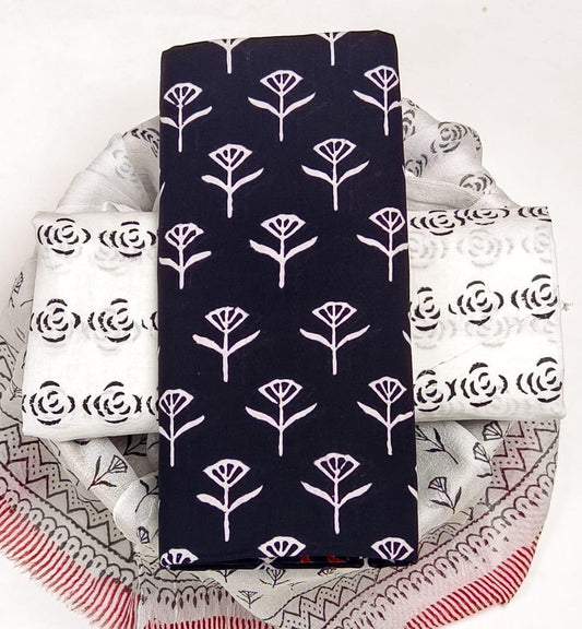 Pure Cotton Hand Block Printed Suit Set With Chiffon Dupatta
