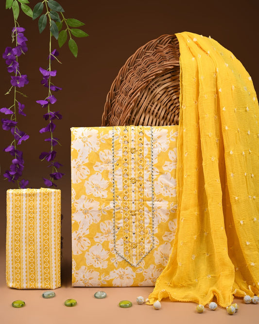 Premium Gota Patti Work Cotton Suit Set With Chiffon Dupatta