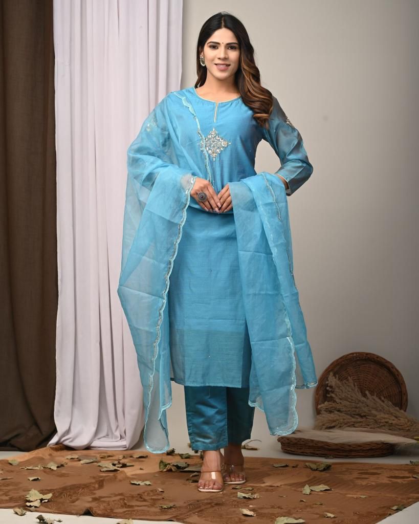 Elegant Coral Chanderi Silk Hand-Embroidered Suit Set with Dupatta