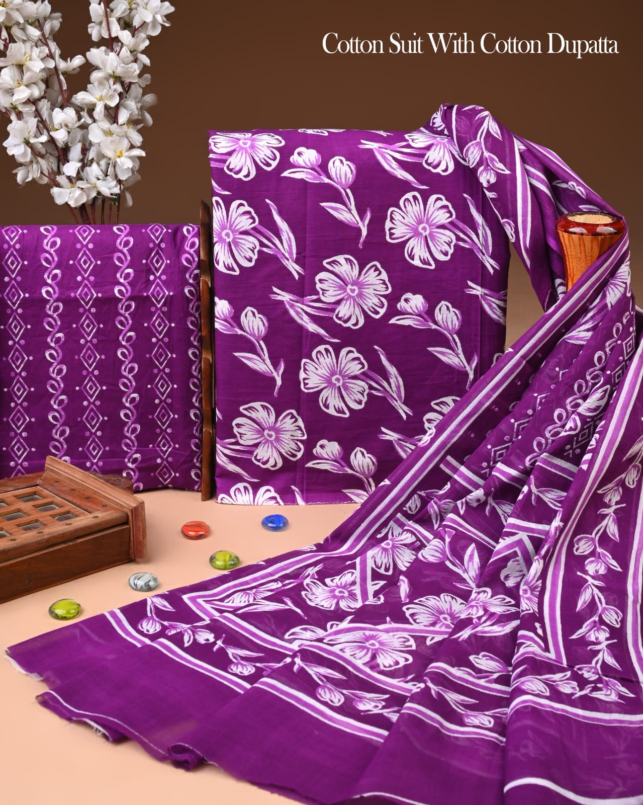 Designer Hand Block Printed Cotton Suit Set With Cotton Dupatta