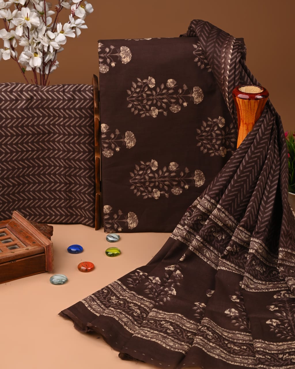 Designer Hand Block Printed Cotton Suit Set With Cotton Dupatta
