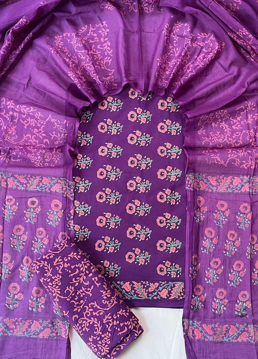 Pure Soft Cotton Hand Block Printed Suit Set With Cotton Dupatta
