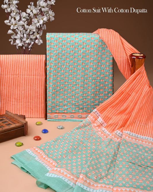 Pure Soft Cotton Hand Block Printed Suit Set With Cotton Dupatta