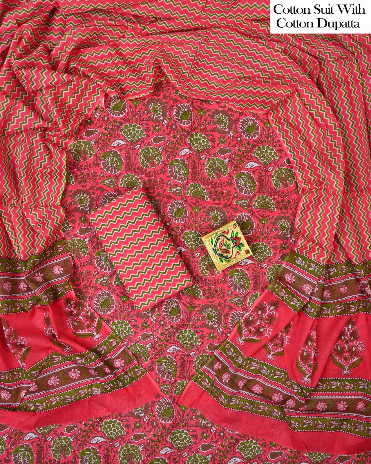 Designer Hand Block Printed Cotton Suit Set With Cotton Dupatta