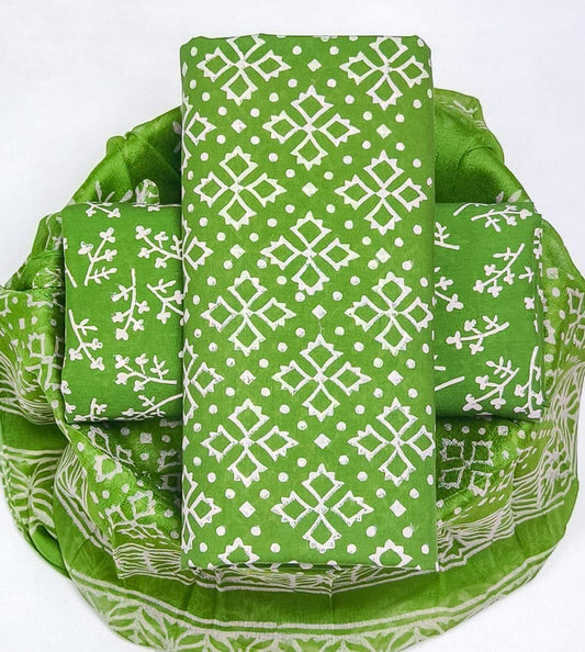 Pure Cotton Hand Block Printed Suit Set With Chiffon Dupatta
