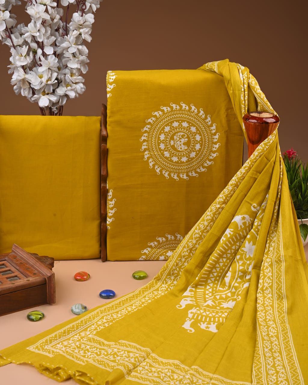 Designer Hand Block Printed Cotton Suit Set With Cotton Dupatta