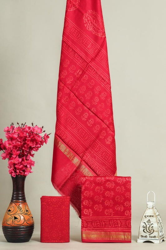 Designer Handblock Printed Maheshwari Silk Suit Set