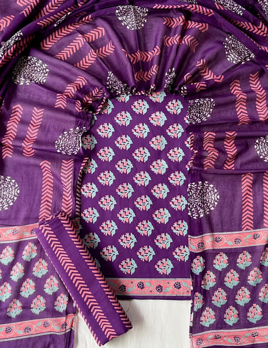 Pure Soft Cotton Hand Block Printed Suit Set With Cotton Dupatta
