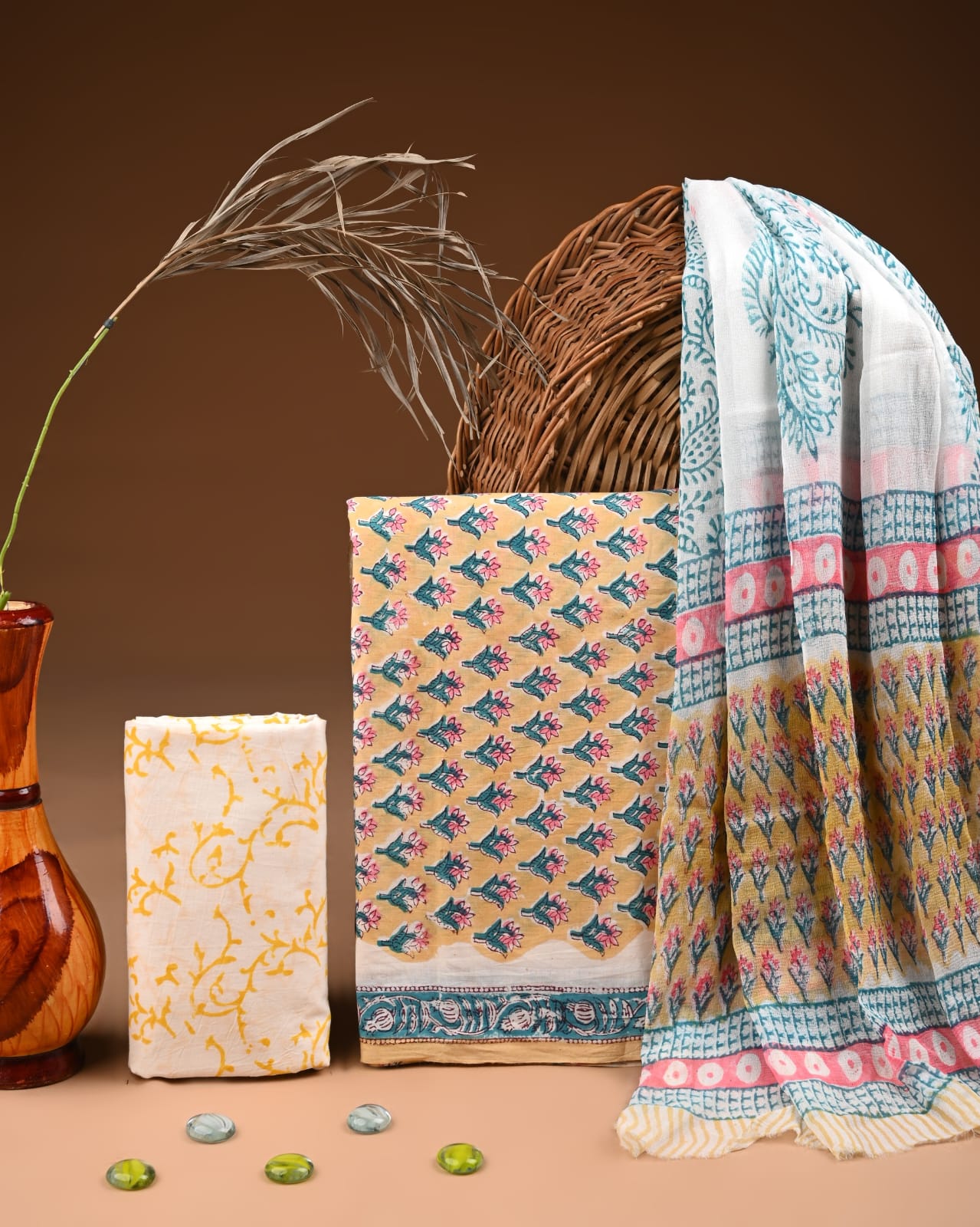 Pure Cotton Hand Block Printed Suit Set With Chiffon Dupatta