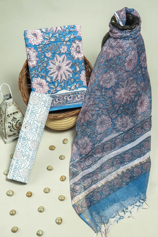 Pure Cotton Hand Block Printed Suit Set With Kota Doria Dupatta