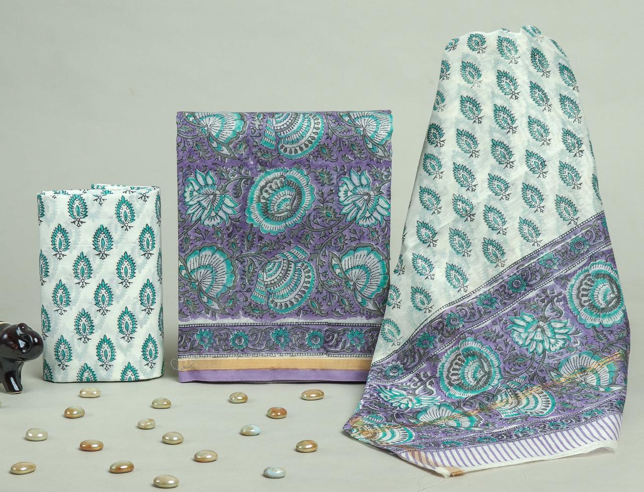 Designer Handblock Printed Chanderi Silk Suit Set